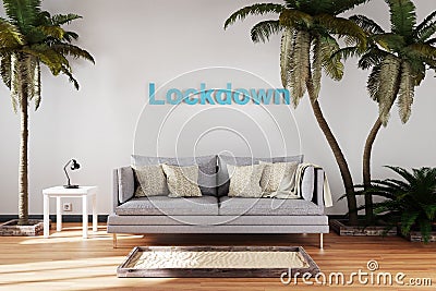 Canceled vacation and stay at home concept due to lockdown and travel restrictions; elegant living room interior with single Stock Photo