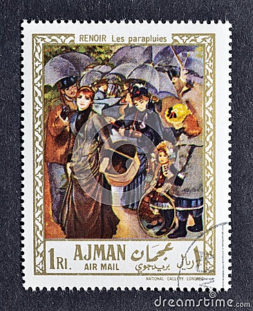 Cancelled postage stamp printed by Ajman, that shows Painting The Umbrellas by Pierre-Auguste Renoir Editorial Stock Photo