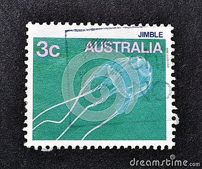 Cancelled postage stamp printed by Australia, that shows Jimble jellyfish Editorial Stock Photo