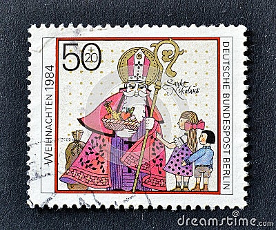 Cancelled postage stamp printed by Berlin, Germany, that shows Saint Nicholas Editorial Stock Photo