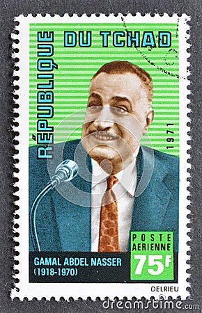 Cancelled postage stamp printed by Chad, that shows Gamal Abdel Nasser Editorial Stock Photo
