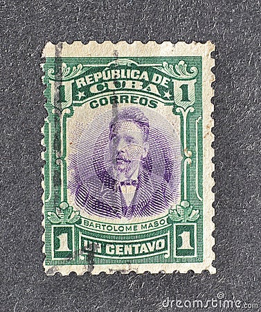 Cancelled postage stamp printed by Cuba, that shows portrait of BartolomÃ© Maso Editorial Stock Photo