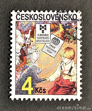 Cancelled postage stamp printed by Czechoslovakia, that shows Boy and Animals Editorial Stock Photo