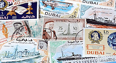 Cancelled postage stamp printed by Dubai, that show motives from Dubai Editorial Stock Photo