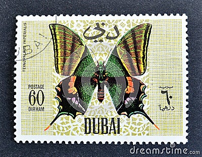 Cancelled postage stamp printed by Dubai, that shows Kaiser-I-Hind Editorial Stock Photo