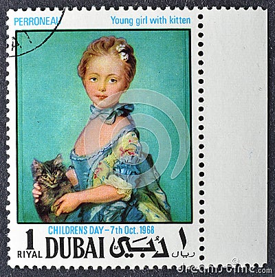 Cancelled postage stamp printed by Dubai, that shows Painting Young girl with kitten by Perroneau Editorial Stock Photo