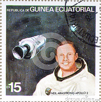 Cancelled postage stamp printed by Equatorial Guinea, that shows Neil Armstrong - Apollo 2 Editorial Stock Photo