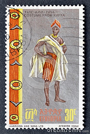 Cancelled postage stamp printed by Ethiopia, that shows Kefa man in traditional costume Editorial Stock Photo