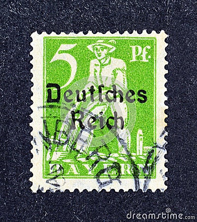 Cancelled postage stamp printed by Germany, Realm, that shows Stamps of Bavaria - Overprinted 'Deutsches Reich' Editorial Stock Photo