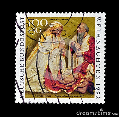 Cancelled postage stamp printed by Germany, that shows `Birth of Christ` Editorial Stock Photo