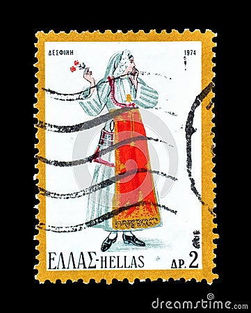 Cancelled postage stamp printed by Greece, that shows Female Costume from Desfina Editorial Stock Photo