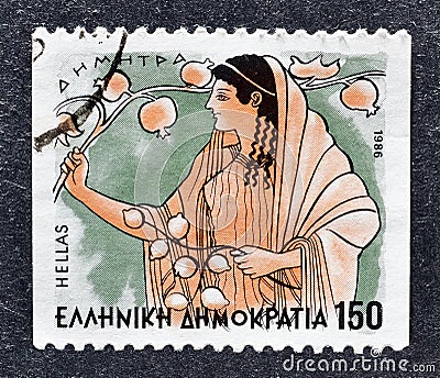 Cancelled postage stamp printed by Greece, that shows Greek Mythology - Gods of Olympus - Demetra Editorial Stock Photo