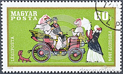 Cancelled postage stamp printed by Hungary, that shows Peugeot 1894 Editorial Stock Photo