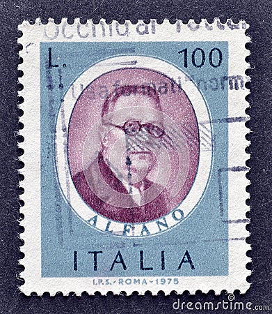 Cancelled postage stamp printed by Italy, that shows portrait of Composer Franco Alfano Editorial Stock Photo