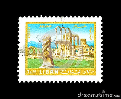 Cancelled postage stamp printed by Lebanon, that shows Ruins of Anjar Editorial Stock Photo