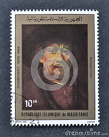 Cancelled postage stamp printed by Mauritania, that shows `Autoportrait` by Rembrandt Editorial Stock Photo