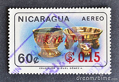 Cancelled postage stamp printed by Nicaragua, that shows Nicaraguan Antiquities Editorial Stock Photo