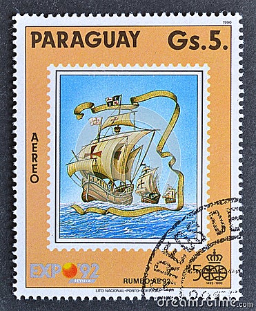 Cancelled postage stamp printed by Paraguay, that shows Spanish Sailing ship Editorial Stock Photo