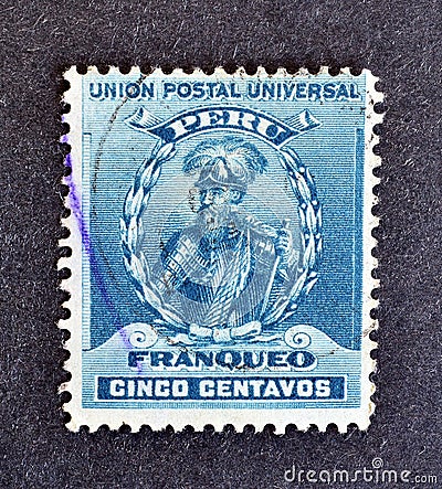 Cancelled postage stamp printed by Peru, that shows portrait of Francisco Pizarro Editorial Stock Photo