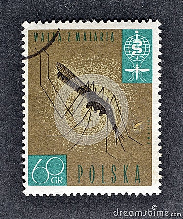 Cancelled postage stamp printed by Poland, that shows Anopheles Mosquito Editorial Stock Photo