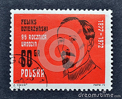 Cancelled Postage stamp printed by Poland, that shows Portrait of Bolshevik revolutionary Feliks Dzierzynski Editorial Stock Photo