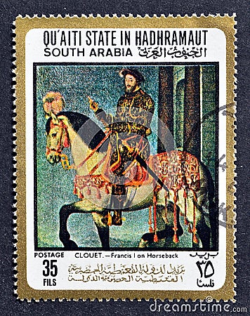 Cancelled postage stamp printed by Qu`aiti State in Hadhramaut, South Arabia, that shows Painting Francis I on horseback Editorial Stock Photo