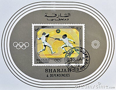 Cancelled postage stamp printed by Sharjah Editorial Stock Photo
