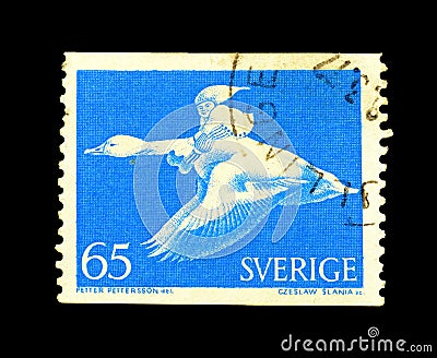 Cancelled postage stamp printed by Sweden, that shows birds Editorial Stock Photo