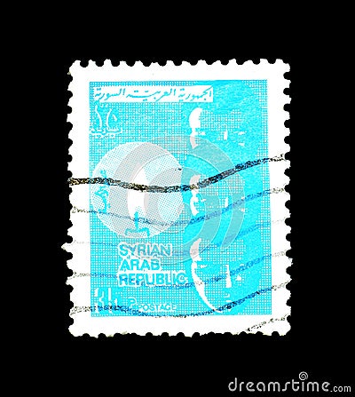 Cancelled postage stamp printed by Syria, that shows Children and candle Editorial Stock Photo