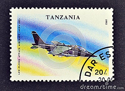 Cancelled postage stamp printed by Tanzania, that shows C-101 Aviojet Editorial Stock Photo