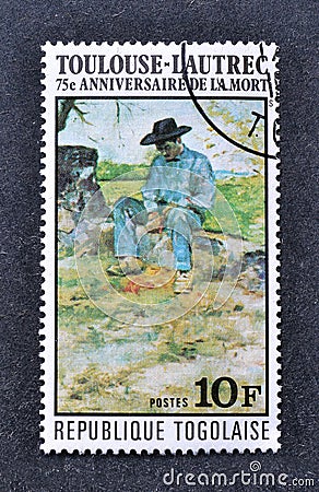 Cancelled postage stamp printed by Togo, that shows Painting `Young Routy at Celeyran` Editorial Stock Photo