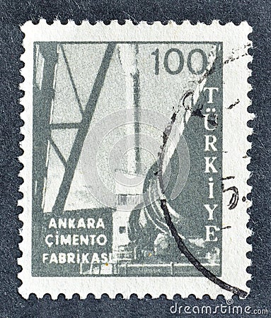 Cancelled postage stamp printed by Turkey, that shows Cement factory in Ankara Editorial Stock Photo