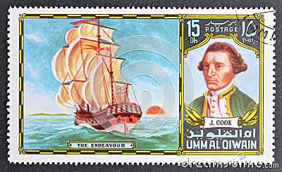 Cancelled postage stamp printed by Umm al Qiwain Editorial Stock Photo