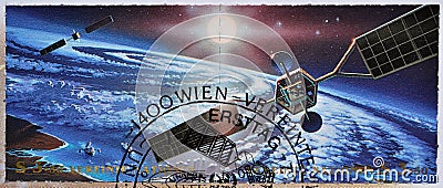 Cancelled postage stamp printed by United Nations, that promotes Exploration and Peaceful Uses of Outer Space Editorial Stock Photo