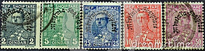 Cancelled postage stamps printed by Albania, that show portrait of President Ahmed Zogu Editorial Stock Photo
