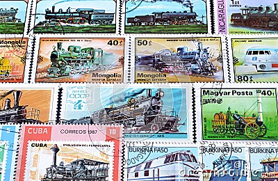 Cancelled postage stamps printed by Nicaragua, USSR, Hungary, Burkina Faso, Cuba that show Locomotive Editorial Stock Photo