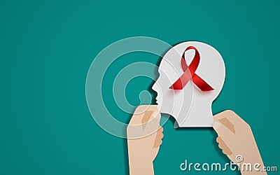 Cancer Awareness Month and World mental health day Concept. hands Holding human Head With Ribbon. paper brain and cancer ribbon in Stock Photo