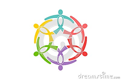 Cancer Awareness Ribbon People Group. People like ribbons in a circle holding together to support. Vector Logo design Vector Illustration
