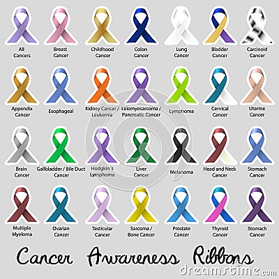 Cancer awareness various color and shiny ribbons for help stickers eps10 Vector Illustration