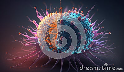 Cancer cell attacking another cell. Generative AI Cartoon Illustration