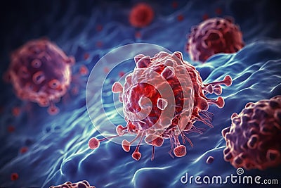 Cancer cells close up macro. An acquired immunodeficiency virus cell that attacks healthy cells, generative AI. Stock Photo