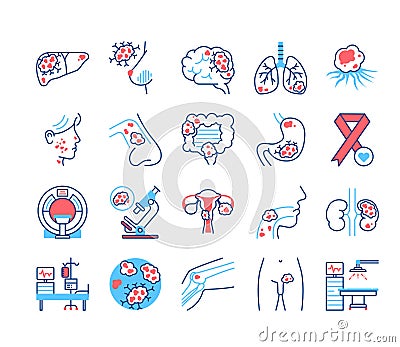 Cancer different organs line color icons set. Oncology medical diagnostic concept. Malignant neoplasms Vector Illustration