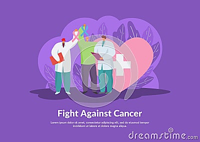 Cancer fight vector illustration, winning patient and people doctors oncologists. Vector Illustration