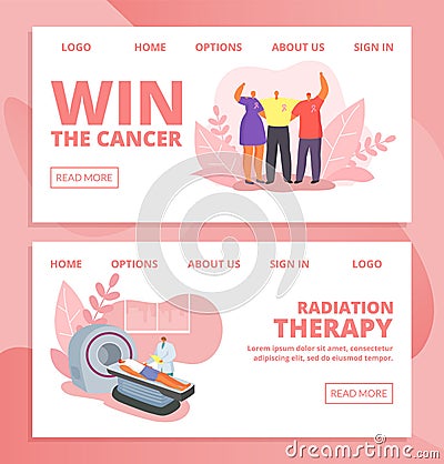 Cancer and people doctors, patients vector illustration set of web banners, medical examination, oncological treatment. Vector Illustration