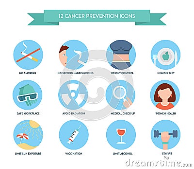 Cancer prevention icons. Healthcare and medical icon set. Vector Illustration