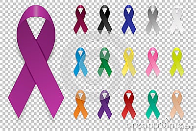 Cancer Ribbon. Vector realistic 3d awareness ribbon different color set closeup isolated on transparency grid background Vector Illustration