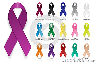 Cancer Ribbon. Vector realistic 3d awareness ribbon different color set closeup isolated on white background Vector Illustration