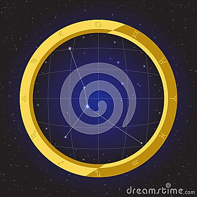 Cancer star horoscope zodiac in fish eye telescope with cosmos background Vector Illustration