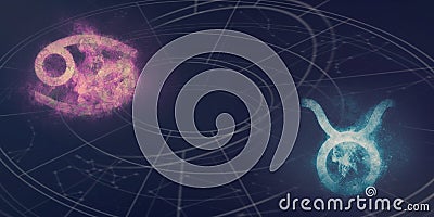 Cancer and Taurus horoscope signs compatibility. Night sky Abstract background. Stock Photo