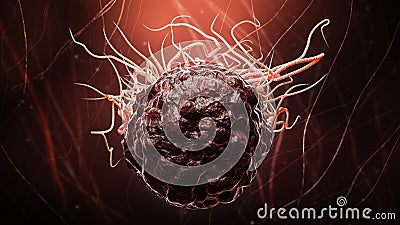 Cancer or tumor cell close-up 3D rendering illustration. Carcinoma, lymphoma, oncology, medicine, science, microbiology, cancerous Cartoon Illustration